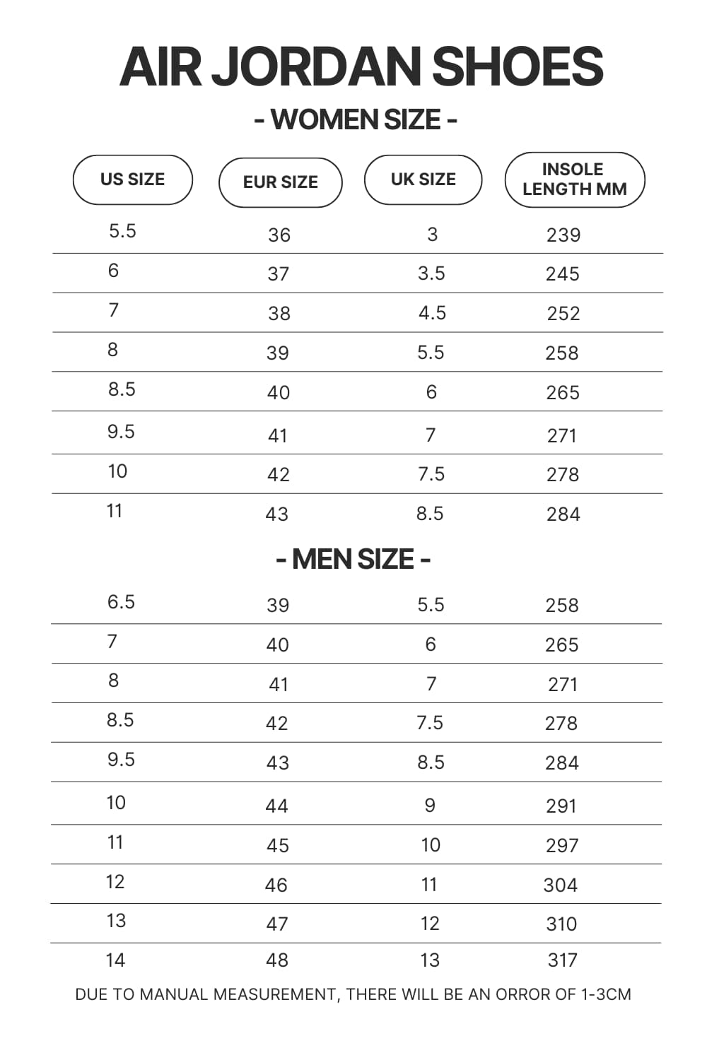 Air Jordan Shoes Size Chart - Official One Piece Store