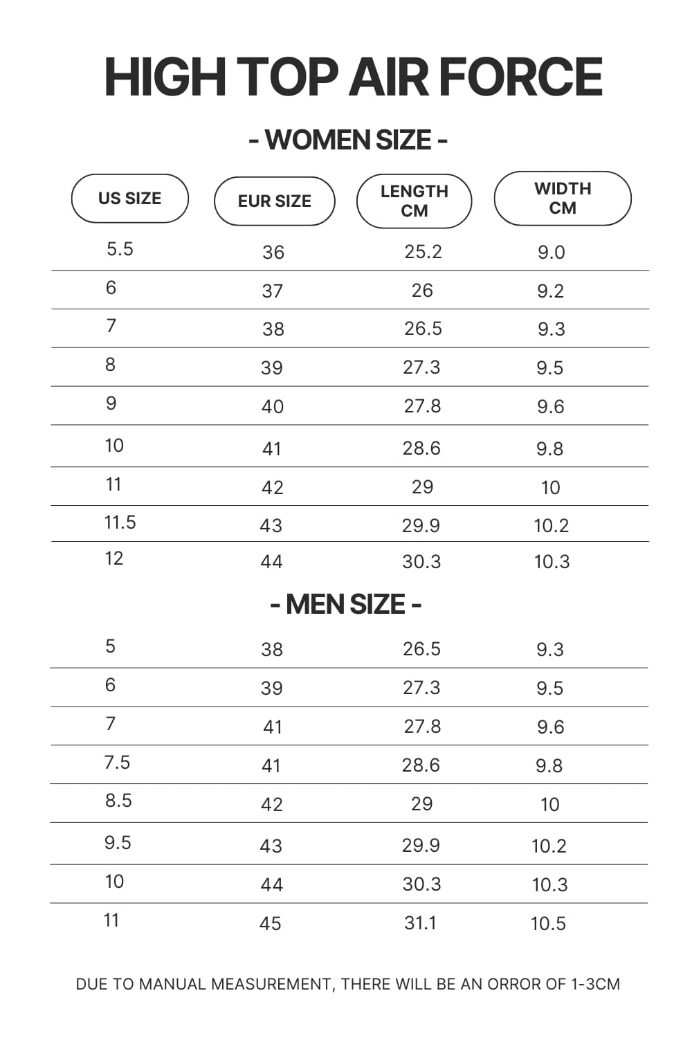 High Top Air Force Shoes Size Chart - Official One Piece Store