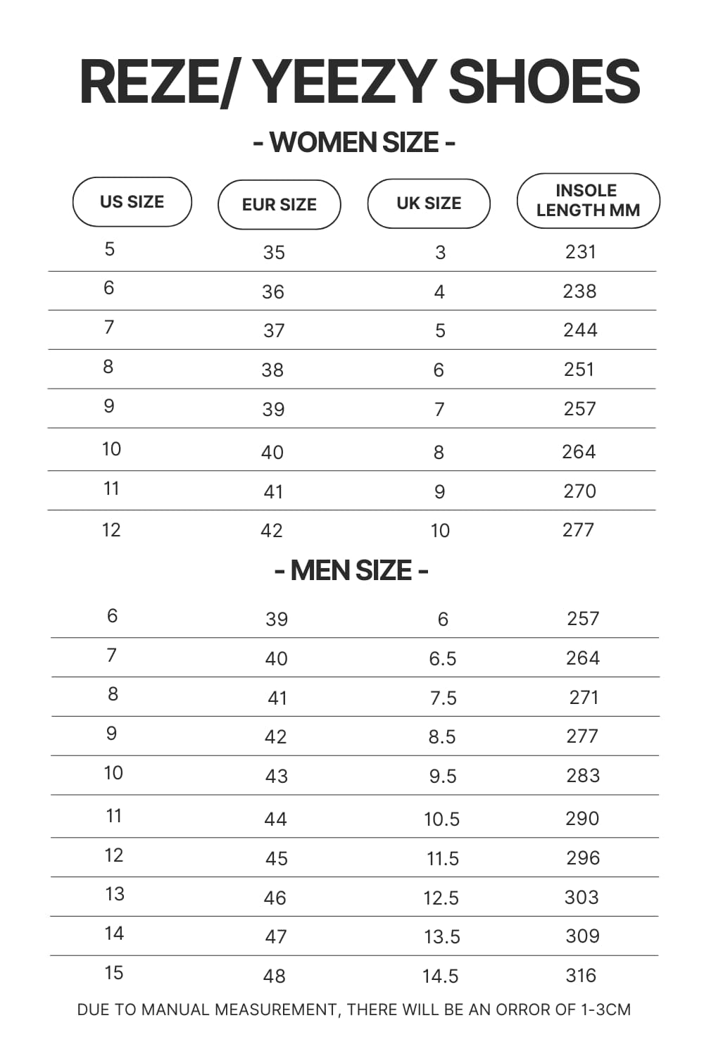 Reze Yeezy Shoes Size Chart - Official One Piece Store